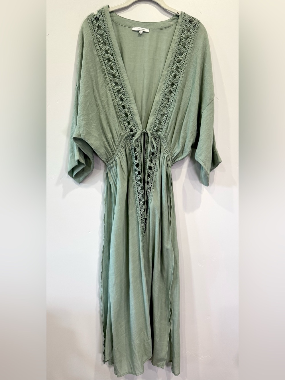 Love Tree Kimono Light Sage Crochet-Trim Swim Cover-Up Side Slits K5
